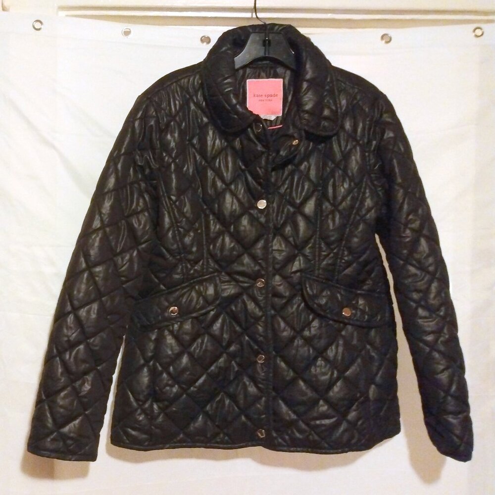 Kate Spade Black Diamond Quilted Coat L Old Money Equestrian Quiet Luxury Preppy - Picture 2 of 9